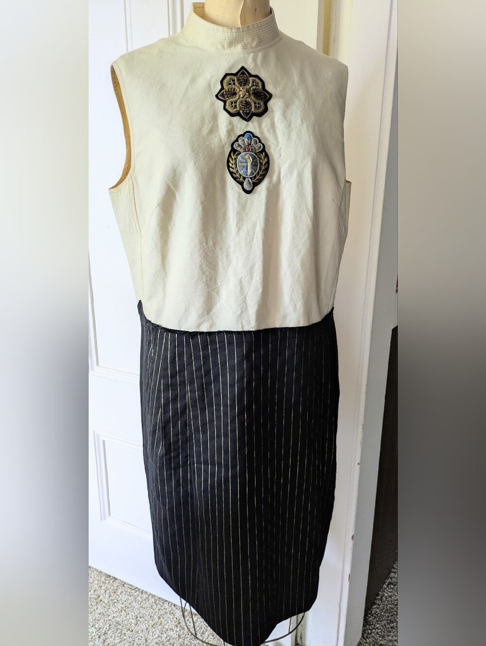 Dries Van Noten Cream and Black Midi Dress with Embroidery Details Size 12/14